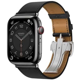 Apple Watch (Series 7) 2021 GPS 45 mm - Acier inoxydable Gris sidéral - Bracelet à maillons cuir Noir