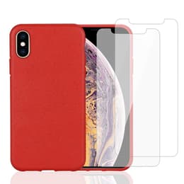 Coque iPhone X/XS et 2 écrans de protection - Matière naturelle - Rouge