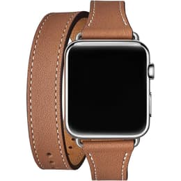 Apple Watch (Series 1) 2015 GPS 42 mm - Acier inoxydable Or - Bracelet à maillons cuir Marron