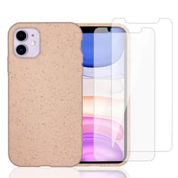 Coque iPhone 11 et 2 écrans de protection - Matière naturelle - Rose